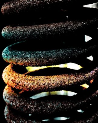 image: heavy metal spring, industrial strength and very corroded, in a gradation of colors.