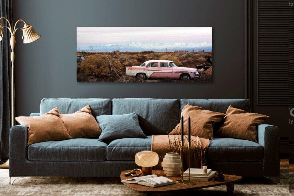 photo: Western photography - vintage DeSoto Fireflight at rest on the farm/ranch in the Mojave Desert amid fields of scrub and tumbleweed, with snowy Angeles Crest mountains in the background